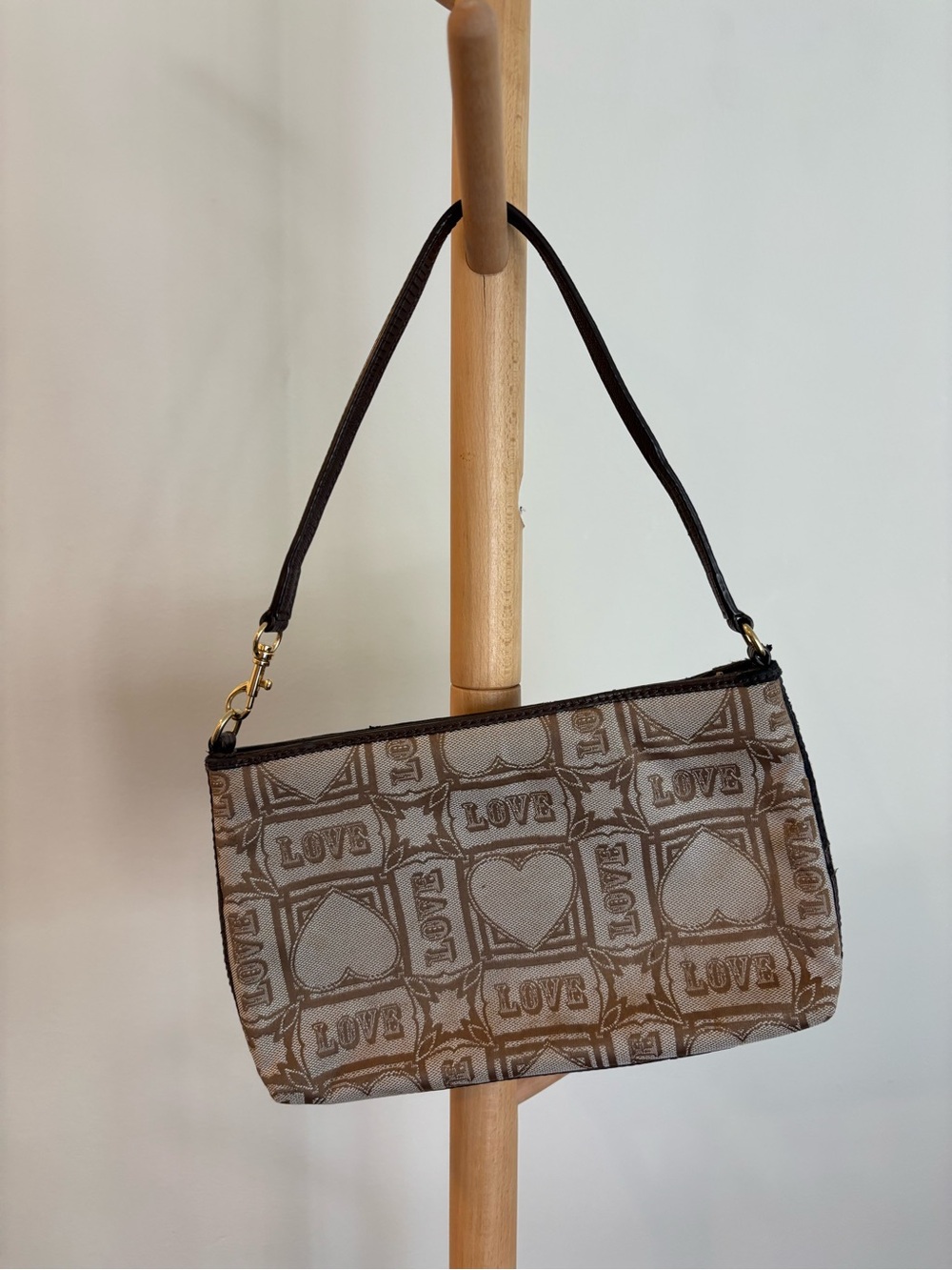 Love Moschino Brown Jacquard 'LOVE' Heart Shoulder Bag